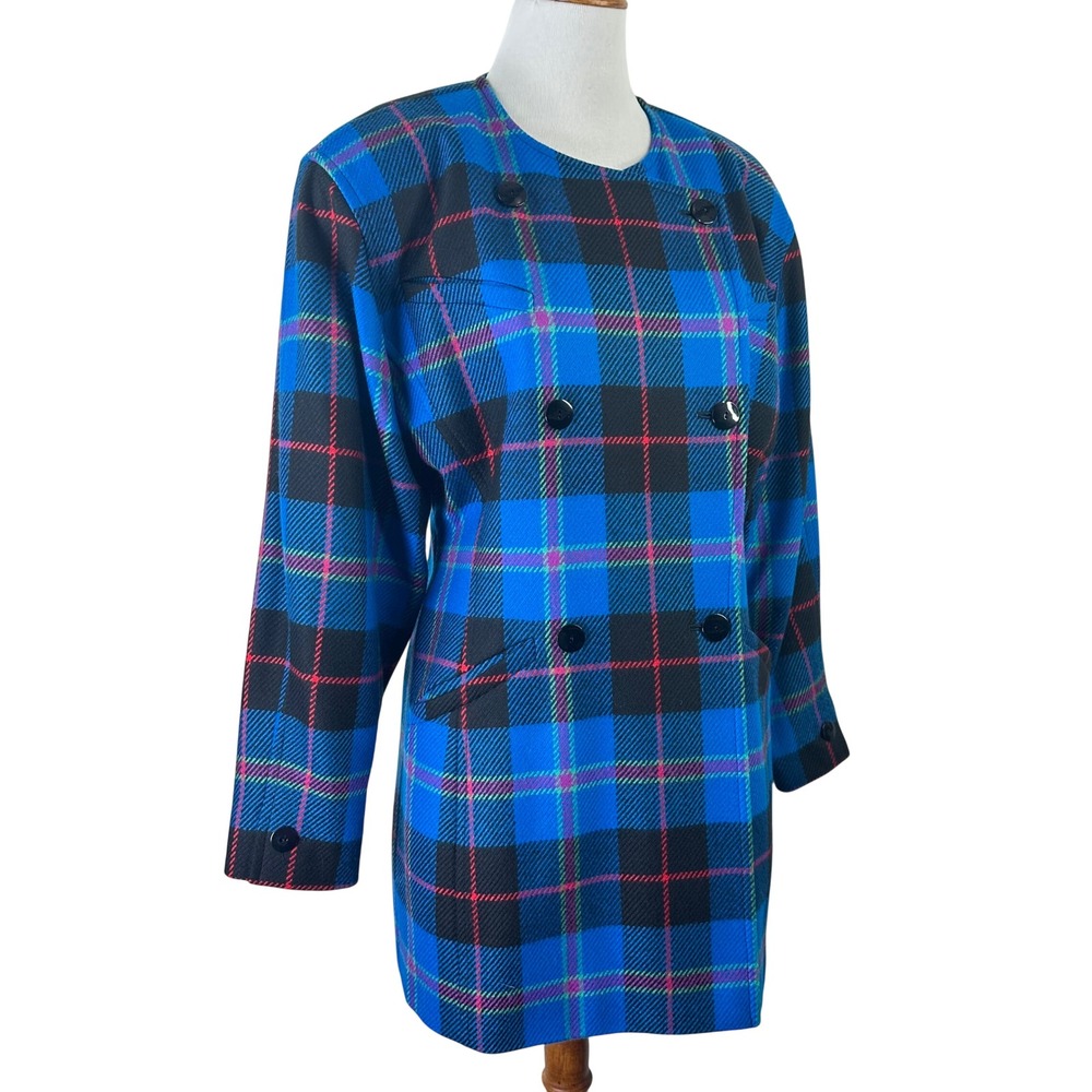 Escada Margaretha Ley Vintage Blue Plaid Wool Cashmere Blazer Jacket Womens 42